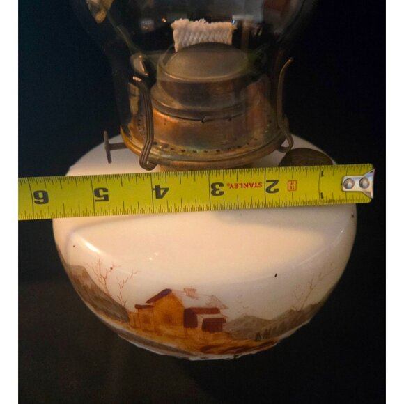 Antique Hand-Painted Milk Glass Oil Lamp With Scenic Winter Landscape Design Bra - Picture 10 of 10